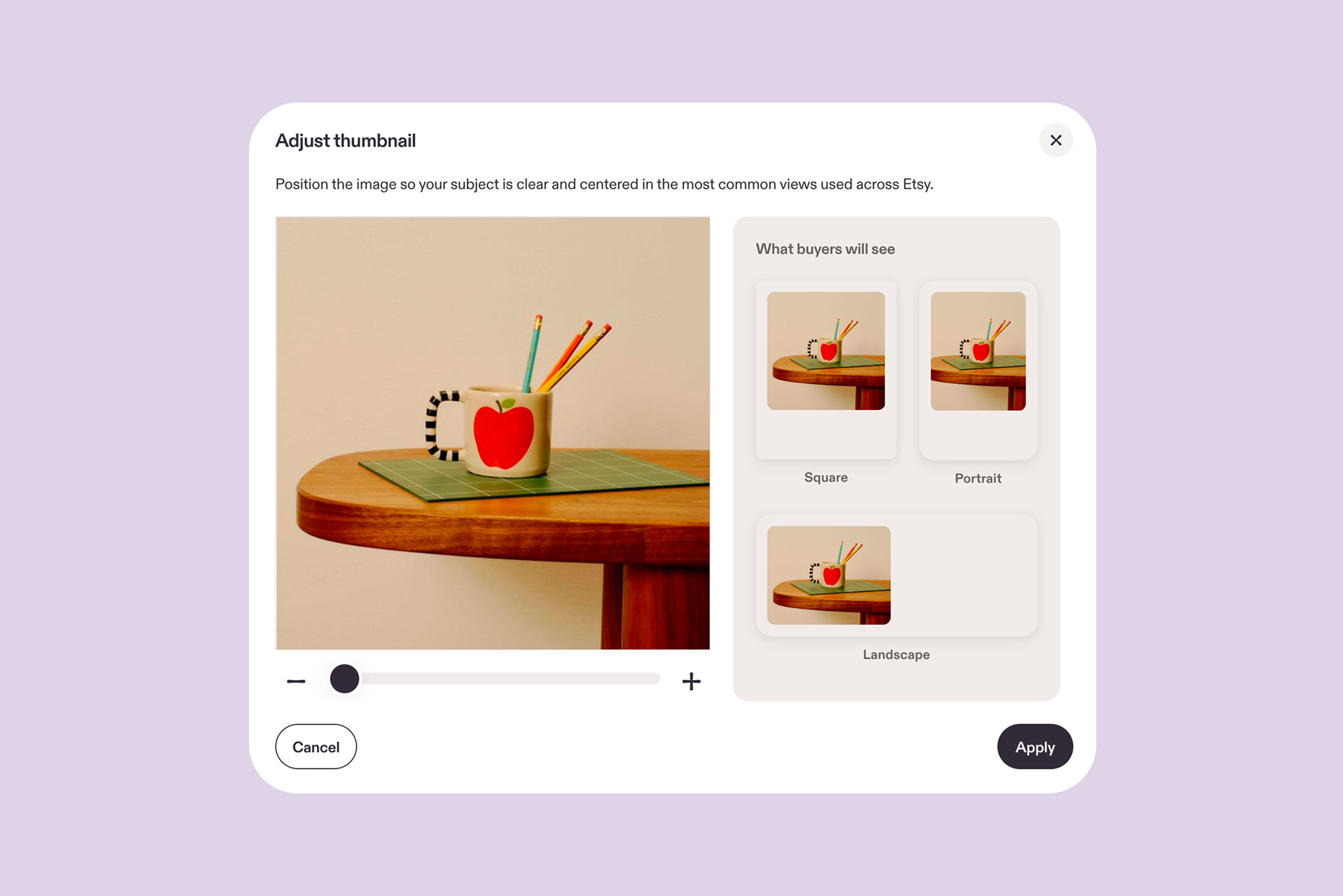 Etsy resmî Adjust thumbnail ekranı — fotoğraf kırpma ve küçük resim önizleme